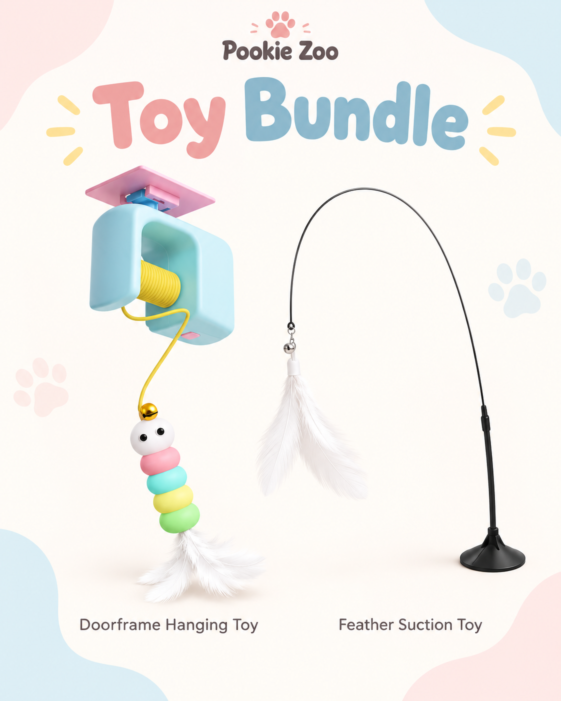 Two Cat Toys Bundle: Hanging Feather Cat Toy and Toy Cat Teaser Stick together