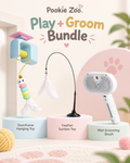 Play + Groom Bundle: Hanging Feather Cat Toy, Mist Grooming Brush, and Toy Cat Teaser Stick together