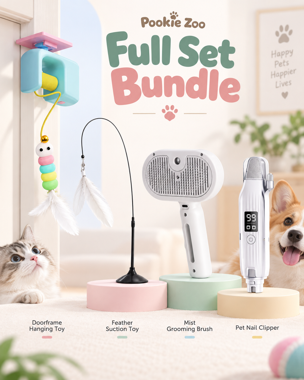 PookieZoo Play & Care Kit with cat toy, grooming brush, teaser stick, and nail clipper