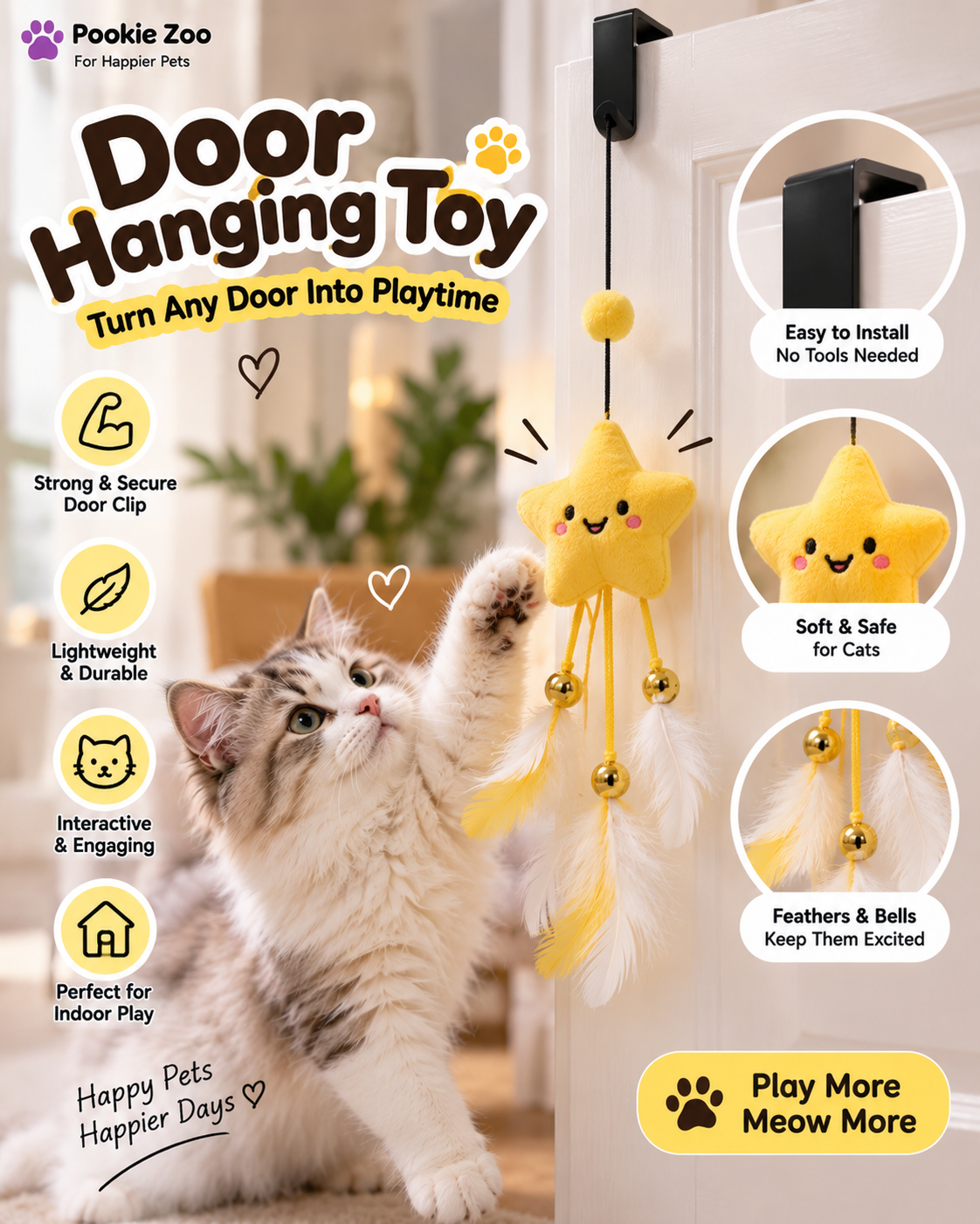 Hanging Feather Cat Toy attached to a door with its retractable cord